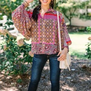 - ee:some Play Fair Hot Pink Print Long Bubble Sleeves Blouse Women’s Size Small